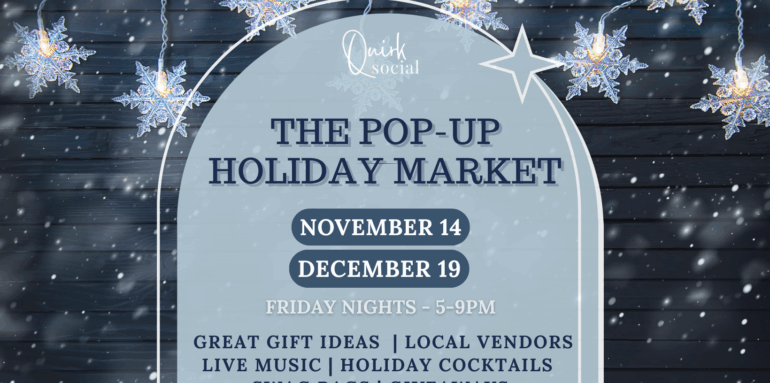 Dark blue background with snowflakes, and snowflake string lights.