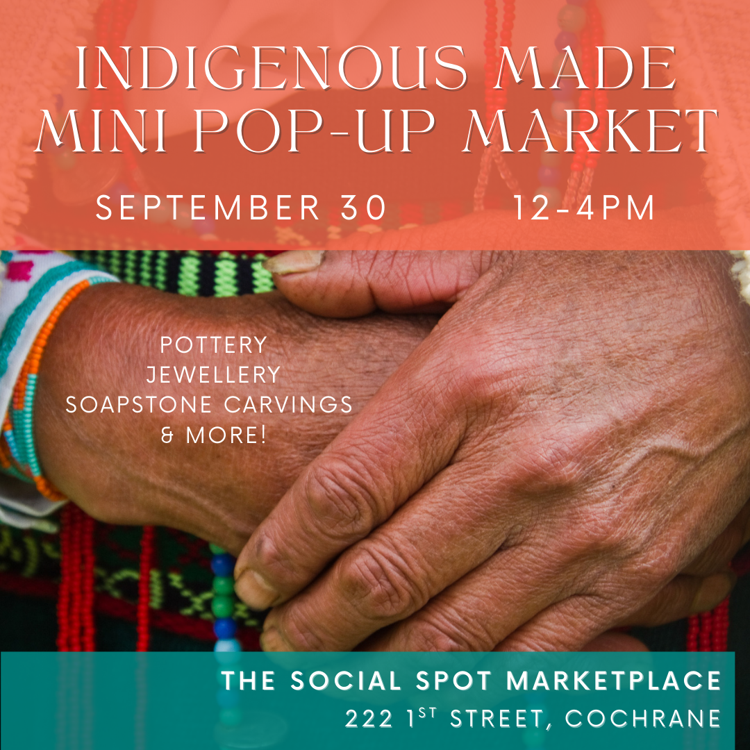 Indigenous Made Mini Pop-Up Market poster. A photo of hands folded over a colourful woven garment with beads hanging down. Semi-transparent bars of colour - orange at the top, and teal at the bottom have the event title and other info on them in white font.