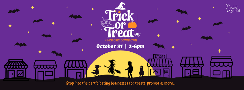 Trick or Treating in Historic Downtown Cochrane poster. Purple background with black illustrated bats and houses, and a witch and some other Halloween characters silhouetted in front of a yellow moon. White and orange details.