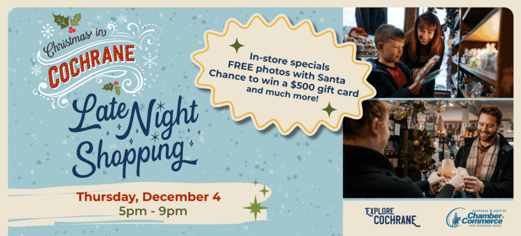 Cochrane Late Night Shopping poster. Light blue background, with cream, dark blue, and red accents. A nostalgic vibes. Two photos of a family doing their holiday shopping on the right. 