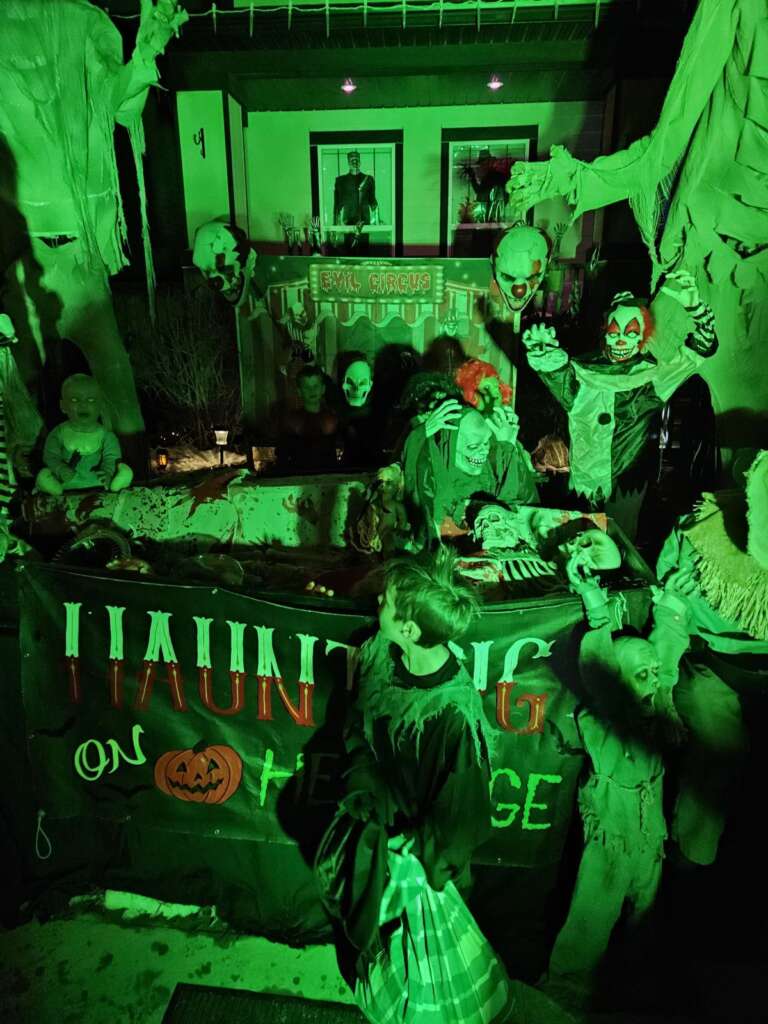 Haunted house scenes with skeletons, clowns and ghouls